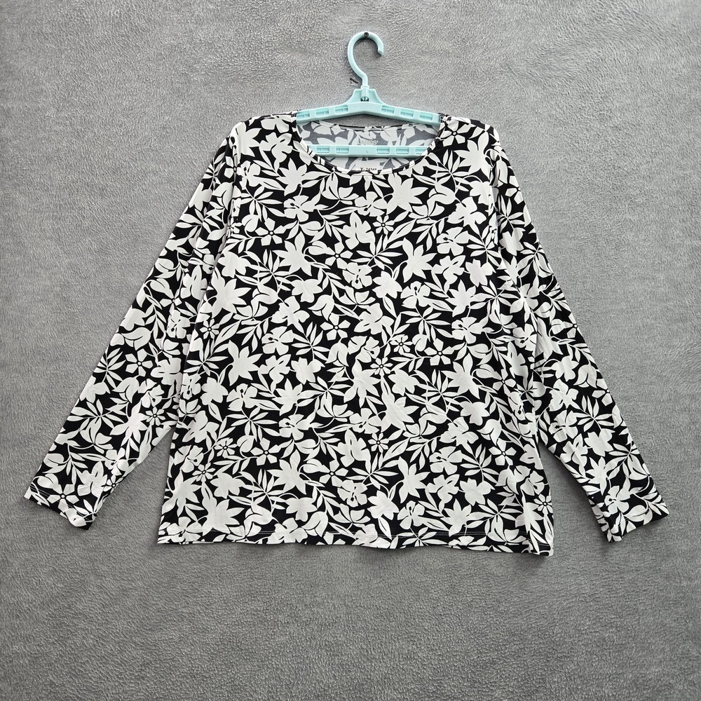 Lands' End Women Blouse 1X (18W) Black Nylon Spandex Floral Crew Neck Pullover